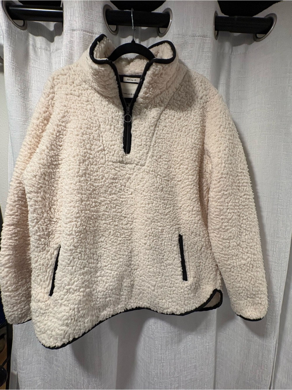 Thread & Supply Cream Sherpa Half-Zip Pullover with Black Trim